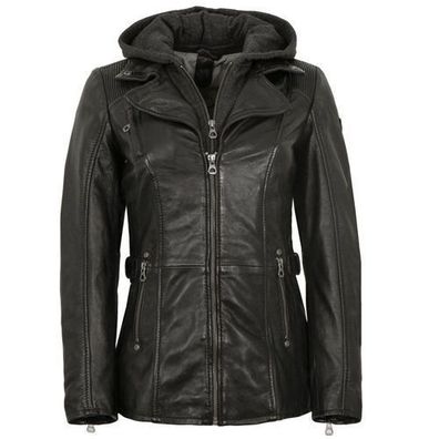 Gipsy - Damen Lederjacke Bikerjacke Lammnappa Kapuze schwarz