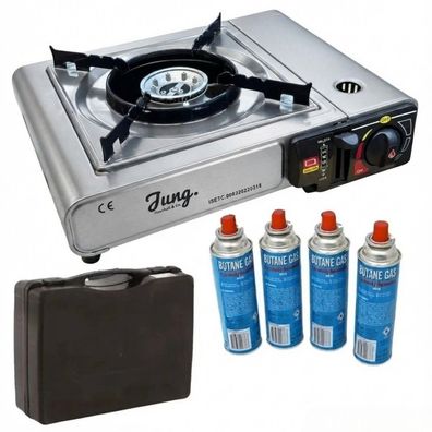 JUNG mobiler Campingkocher Silber / Gaskocher mit 4 Gaskartuschen Gas Kocher