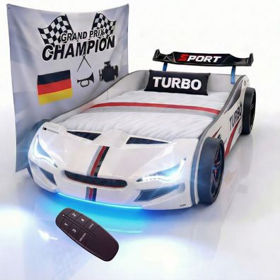 Autobett GTE Kinderbett im Rennwagen 90x200 Lattenrost Licht & Motorengeräuschen