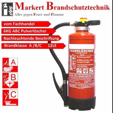 6 kg ABC Pulver Auflade Feuerlöscher EN 3 Brandklasse A/ B/ C 43A =12LE