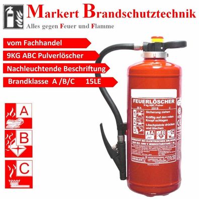9 kg ABC Pulver Auflade Hochleistungs Feuerlöscher Brandklasse A/ B/ C 55A =15LE