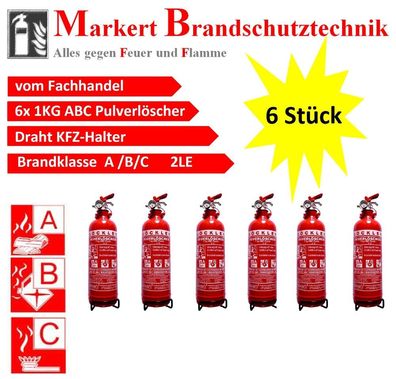 6 Stück 1 kg ABC Pulver Dauerdruck Feuerlöscher EN 3 Brandklasse A/ B/ C