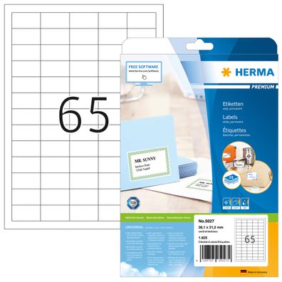 HERMA 5027 Universal Etiketten, 25 Blatt, 38,1 x 21,2 mm, 65 pro A4 Bogen, 1625 Stück
