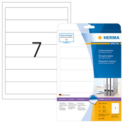 HERMA 5090 Ordnerrücken Etiketten kurz schmal, 25 Blatt, 192 x 38 mm, 7 pro A4 Bogen,