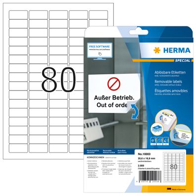 HERMA 10003 Universal Etiketten ablösbar, 25 Blatt, 35,6 x 16,9 mm, 80 pro A4 Bogen,