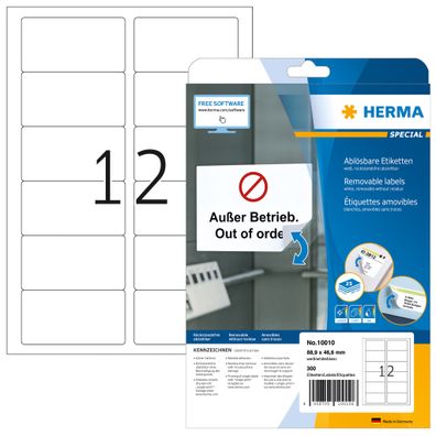 HERMA 10010 Universal Etiketten ablösbar, 25 Blatt, 88,9 x 46,6 mm, 12 pro A4 Bogen,