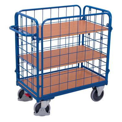 VARIOfit Etagenwagen, niedrig und komplett vergittert mit 3 Etagen 850x500mm Enzianb