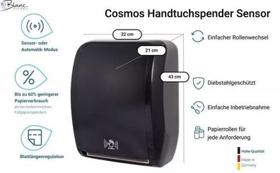 Handtuchspender SENSOR, berührungslos, Batterie & Netzbetrieb, Blattlängenregulator