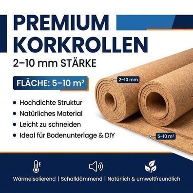 Rollenkork Trittschalldämmung 2-10mm 5-10m2 Naturkork Korkunterlage Korkrolle
