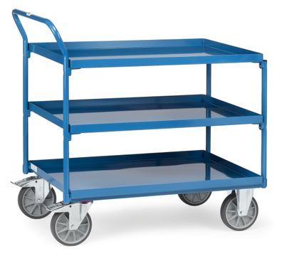 Fetra Tischwagen mit Stahlblechwannen 3 Etagen mit hohem Schiebebuegel 1000x600mm La