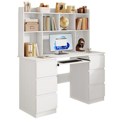 Bureau blanc moderne avec étagère supérieure et 6 tiroirs pour bureaux et espaces de