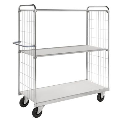 Kongamek Bordwagen verzinkt mit 3 laminierten Boeden 1600x600mm vergitterte Stirnwae