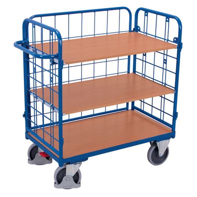 VARIOfit Dreiwandwagen, niedrig und vergittert mit 3 Etagen 1200x800mm Enzianblau RA