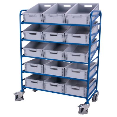 VARIOfit Eurokastenwagen mit 15 Kunststoffkisten und 5 Etagen 1240x610mm RAL 5010 En