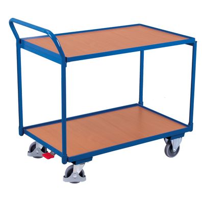 VARIOfit Tischwagen mit gebogenem Schiebegriff und 2 Ladeflaechen 1185x790mm Enzianb
