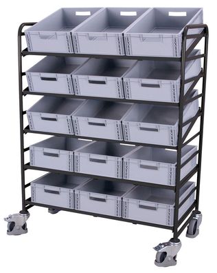 VARIOfit Eurokastenwagen mit 15 Kunststoffkisten und 5 Etagen 1240x610mm RAL 7016 An