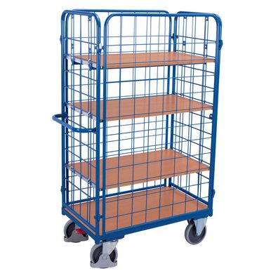 VARIOfit Etagenwagen, hoch und komplett vergittert mit 4 Etagen 850x500mm Enzianblau