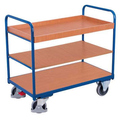 VARIOfit Etagenwagen, niedrig mit 3 Ladeflaechen und Rand 850x500mm Enzianblau RAL 5