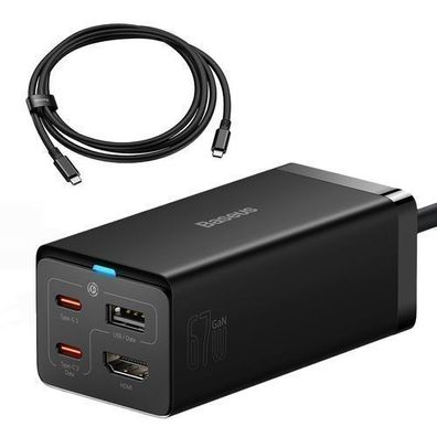 Baseus GaN5 Ladegerät & HUB: 2x USB-C, USB-A, HDMI 4K, 1,5m - Schwarz + 100W USB