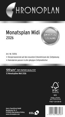 Chronoplan 50516 Kalendereinlage 2026 (Monatsplan Midi (96x172mm), Ersatzkalendarium