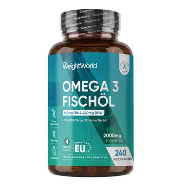 Omega 3 Kapseln - 2000mg Fischöl mit 1100mg Omega-3 - 240 Softgels - WeightWorld