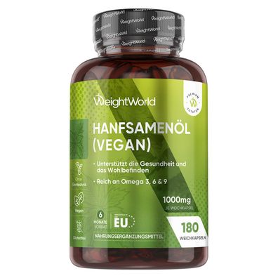 WeightWorld Hanföl Vegan Softgels - 1000mg Kaltgepresste Hanfsamenöl - 180 Kapseln
