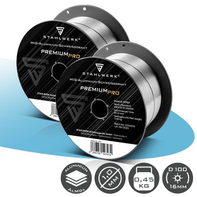Stahlwerk 2 x Schweißdraht MIG MAG Aluminium ER5356 AlMg5 1,0 mm 0,45 kg Rolle