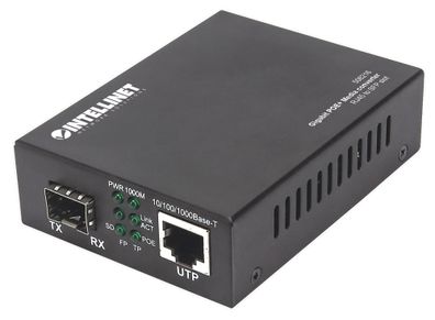 Intellinet Gigabit PoE+ Medienkonverter, 1000Base-T RJ45-Port auf SFP-Port, PoE+ Inje