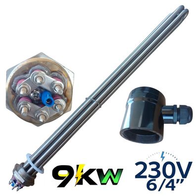 Edelstahl Heizstab 9kW - 230V f. Boiler Pufferspeicher, 10cm kalte unbeheizte Zone