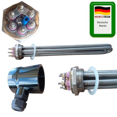 Edelstahl Heizstab 9kW (3x3) 400V f. Boiler Pufferspeicher 10cm kalte unbeheizte Zone