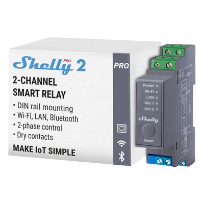 Shelly Pro 2 WLAN LAN 2-Kanal DIN-Schienen Relais 25A potentialfreie Kontakte