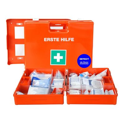 Betriebsverbandkoffer MULTI detect DIN 13169:2021-11 Orange mit Wandhalterung