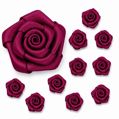 Satinrosen 3cm zum Basteln & Aufnähen 10 Stück Weinrot / Bordeaux