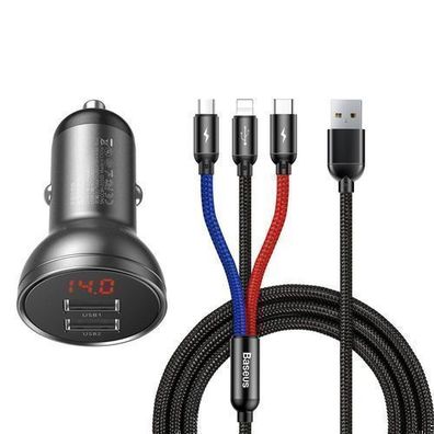 Baseus 2x USB Auto-Ladegerät 4,8A 24W mit LCD-Anzeige + 3-in-1 Ladekabel 1,2m (U
