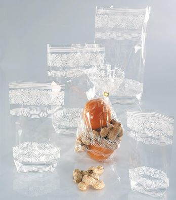 folia 285 - Zellglasbeutel mit weißem Spitzendruck, ca. 11,5 x 19 cm, 10 Stück - zum