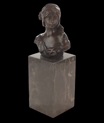Bronzeskulptur klassische Büste anmutende junge Frau auf Marmorsockel, Höhe 22,8 cm