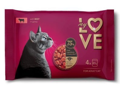 MY LOVE Katzenfutter in Beuteln 4 x 85 g Rindfleisch in Soße
