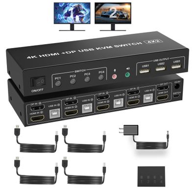 Yeemie Pro KVM Switch Defekt 4 PCs 2 Monitore DisplayPort HDMI 4K USB
