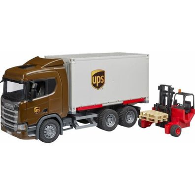 Spielzeugauto Scania Super 560R UPS Logistik-LKW mit Mitnahmestapler