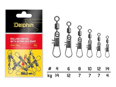 10 Päckchen = 100 Wirbel - Delphin Rolling swivel mit interlock snap # 12 / 7 kg