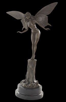 Bronzeskulptur Fee mit Schmetterlings-Flügeln Elfe auf Marmorsockel, Höhe 49,4 cm