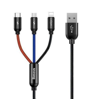 Baseus 3-in-1 Multi-Ladekabel USB-A/Micro-USB/Lightning/USB-C, 3,5A, 1,2m, Schwa