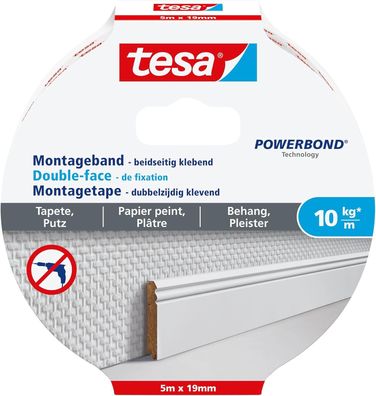tesa Montageband Tapete & Putz, 10 kg Haltekraft pro Meter - starkes, doppelseitiges
