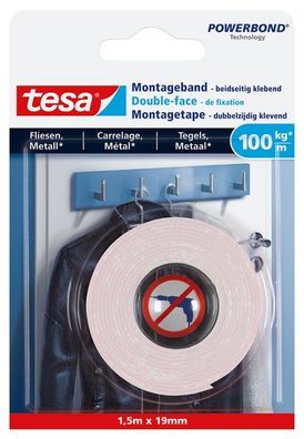 tesa Montageband Fliesen, 100 kg, 1,5 m x 19 mm