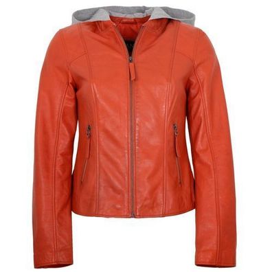 Jilani Collection - Damen Lederjacke Lammnappa Kapuze orange