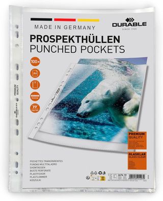 Durable Prospekthüllen (Klarsichthüllen A4 Premium extra stark, 0,08mm) 100 Stück, gl