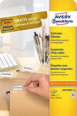 AVERY Zweckform L6021REV-25 Sichtreiter-Etiketten (1.600 Stück, ablösbar, 45,7 x 16,9