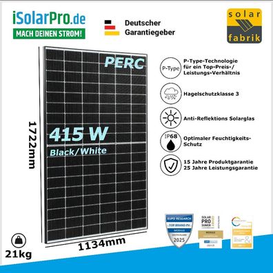 415W Solar Fabrik Mono S4 Halfcut Black-White · PERC · 1500 V