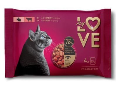 MY LOVE Katzenfutter in Beuteln 4 x 85 g, Kaninchen, Rind