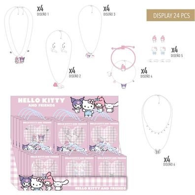 Hello Kitty & Friends Kinderschmuck Display 24 Stück, 6 Designs mit Ketten, Armbän
